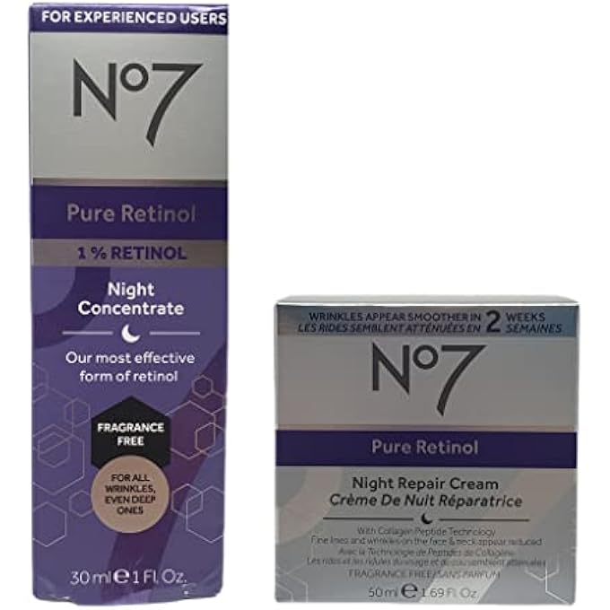 STRBOXONG NO7 PURE RETINOL SKINCARE BUNDLE - CONTAINS PURE RETINOL NIGHT REPAIR CREAM (1.69 FL OZ), AND 1% RETINOL NIGHT CONCENTRATE (1 FL OZ) PURE RETINOL BEAUTY SET - Image 1